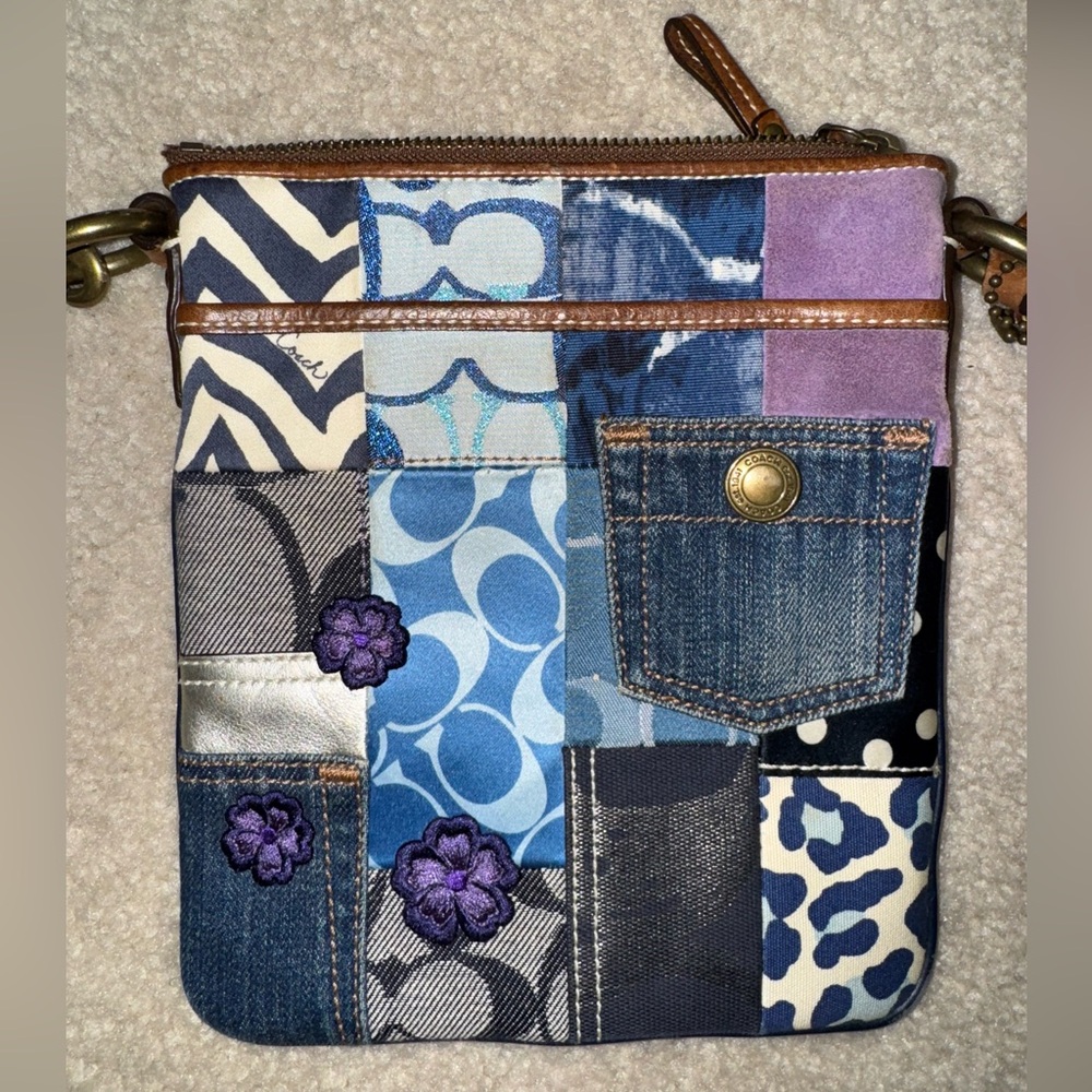Coach Denim Patchwork Crossbody Purse Blue Purple Leopard Purse Bag 10818